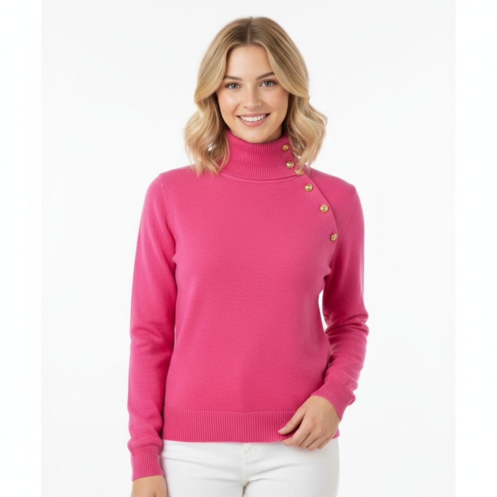 Lilly Pulitzer Pink Knit Mock Neck Gold Button Sweater Medium